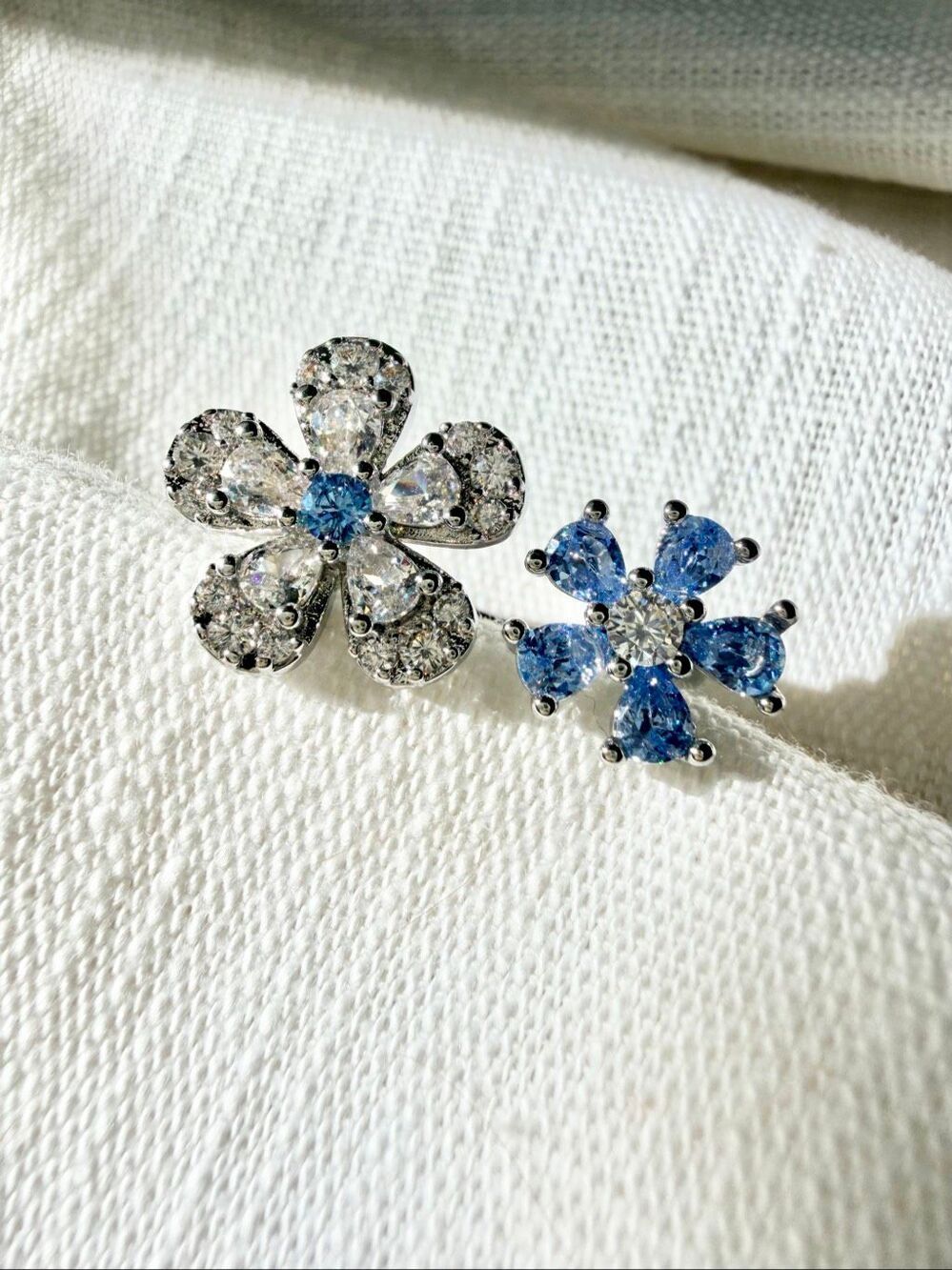 Blue & Clear CZ Double Flower Open Ring Silver Tone Adjustable